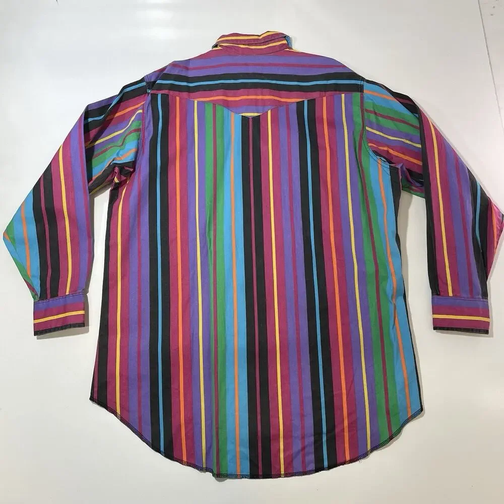 VTG 90s Wrangler Western Button Shirt 18 36 X-Long Tails Brushpopper Striped - Picture 7 of 7